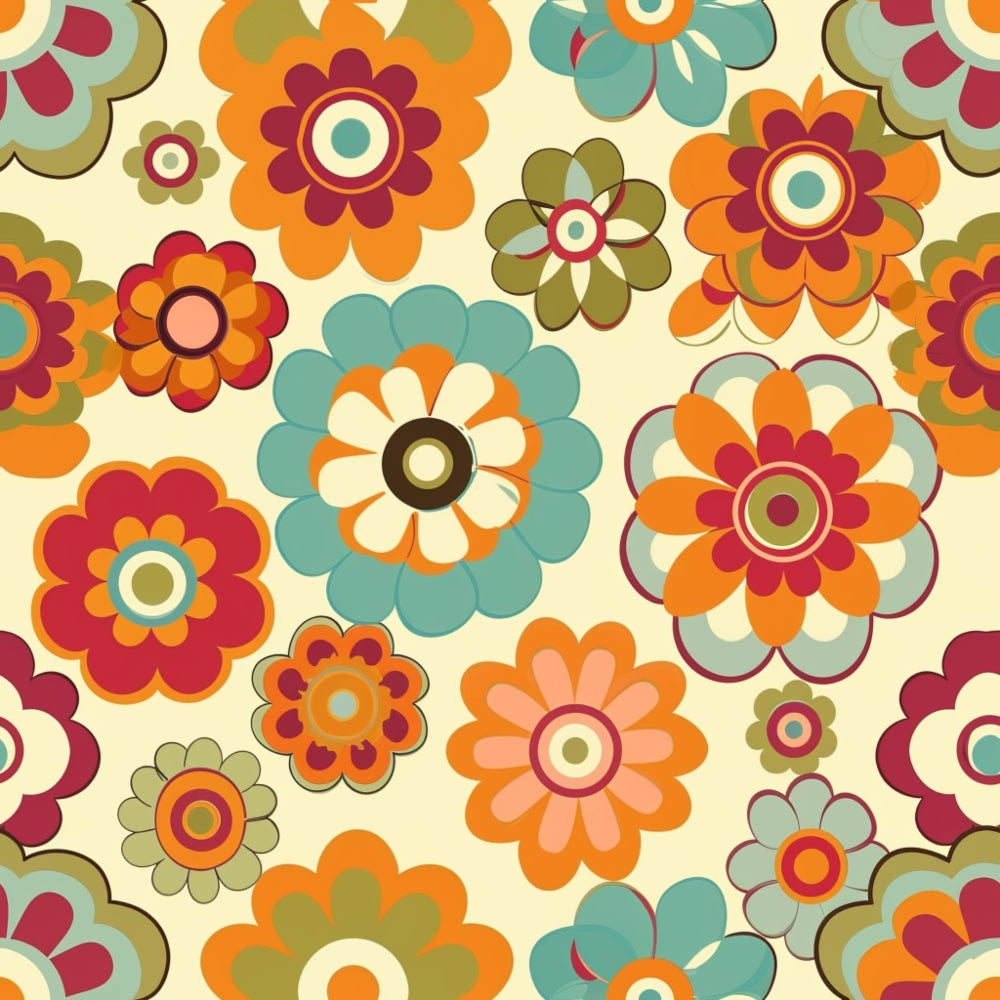 groovy florals, retro flowers, spring blossoms, orange petals, teal blooms, burgundy centers, olive green, coral pink, cream background, vintage style, 1970s aesthetic, psychedelic flowers, layered petals, circular centers, mod floral,, fabric panel, cheerful pattern, overlapping flowers, multi-colored blooms