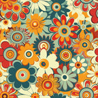 orange, red, teal, cream, retro flowers, daisy pattern, groovy design, psychedelic florals, vintage style, 1970s aesthetic, geometric centers, overlapping blooms, spring motifs,, fabric panel, mod flowers, circular patterns, floral repeats, bright colors, funky botanicals