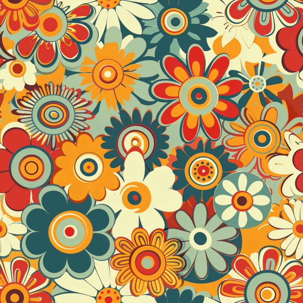 orange, red, teal, cream, retro flowers, daisy pattern, groovy design, psychedelic florals, vintage style, 1970s aesthetic, geometric centers, overlapping blooms, spring motifs,, fabric panel, mod flowers, circular patterns, floral repeats, bright colors, funky botanicals