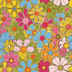 groovy florals, spring flowers, retro style, colorful blooms, pink petals, blue flowers, yellow daisies, orange centers, green foliage, purple blossoms, psychedelic pattern, 1960s inspired, flower power, vibrant colors,, fabric panel, mod flowers, funky florals, bright botanical, cheerful spring