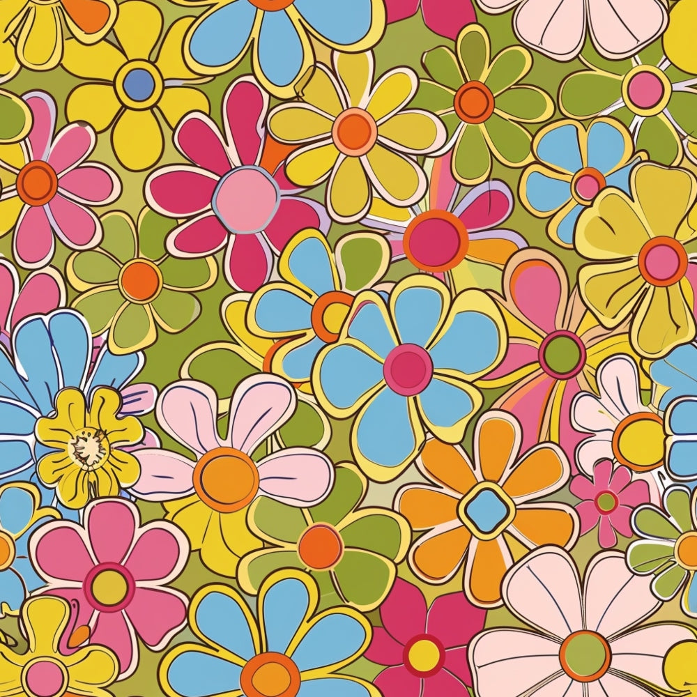 groovy florals, spring flowers, retro style, colorful blooms, pink petals, blue flowers, yellow daisies, orange centers, green foliage, purple blossoms, psychedelic pattern, 1960s inspired, flower power, vibrant colors,, fabric panel, mod flowers, funky florals, bright botanical, cheerful spring