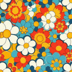 retro florals, groovy flowers, orange, turquoise, red, white, yellow, navy blue, daisy pattern, flower power, 1970s style, psychedelic design, overlapping blooms,, fabric panel, spring theme, mod flowers, vintage inspired, bright colors, seamless pattern
