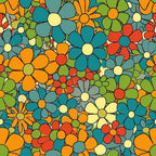 teal, orange, lime green, coral red, cream, retro florals, daisy flowers, groovy pattern, 1970s style, psychedelic design, flower power, vintage inspired,, fabric panel, spring theme, colorful blooms, mod flowers, bohemian style, bright colors, floral motifs