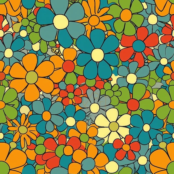 teal, orange, lime green, coral red, cream, retro florals, daisy flowers, groovy pattern, 1970s style, psychedelic design, flower power, vintage inspired,, fabric panel, spring theme, colorful blooms, mod flowers, bohemian style, bright colors, floral motifs