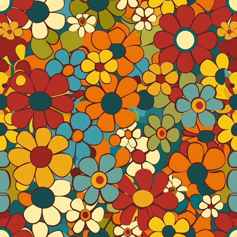 orange flowers, red blooms, yellow petals, blue blossoms, teal centers, cream flowers, olive green, retro florals, groovy pattern, psychedelic style, 1970s aesthetic, densely packed, overlapping flowers, spring motif,, fabric panel, vibrant colors, mod flowers, daisy shapes, floral medley
