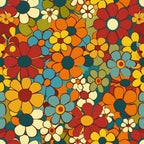 orange flowers, red blooms, yellow petals, blue blossoms, teal centers, cream flowers, olive green, retro florals, groovy pattern, psychedelic style, 1970s aesthetic, densely packed, overlapping flowers, spring motif,, fabric panel, vibrant colors, mod flowers, daisy shapes, floral medley