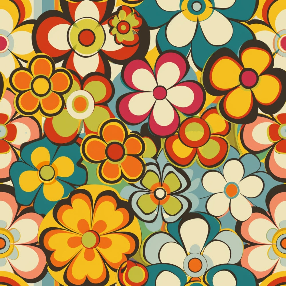 groovy, retro flowers, spring florals, orange, yellow, teal, cream, red, pink, olive green, psychedelic style, mod flowers, 1970s inspired, flower power,, fabric panel, bright colors, funky pattern, vintage vibes, floral motifs