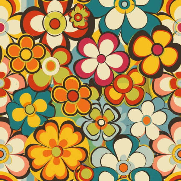 groovy, retro flowers, spring florals, orange, yellow, teal, cream, red, pink, olive green, psychedelic style, mod flowers, 1970s inspired, flower power,, fabric panel, bright colors, funky pattern, vintage vibes, floral motifs