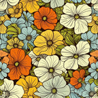 orange flowers, yellow blooms, cream petals, light blue flowers, green leaves, groovy pattern, retro floral, spring flowers, daisy design, vintage style,, fabric panel, botanical print, 1970s inspired, seamless pattern, multi-colored blooms, flower power, hippie aesthetic, craft fabric, sewing material
