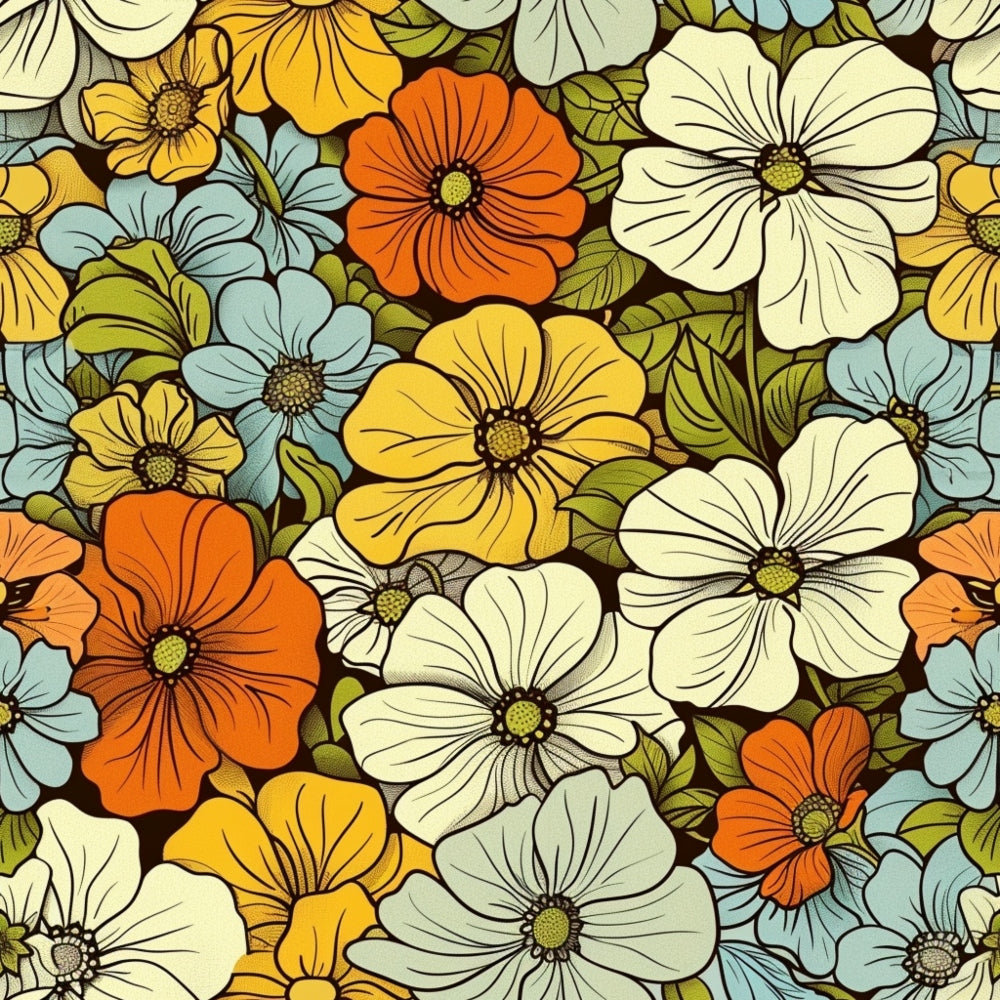 orange flowers, yellow blooms, cream petals, light blue flowers, green leaves, groovy pattern, retro floral, spring flowers, daisy design, vintage style,, fabric panel, botanical print, 1970s inspired, seamless pattern, multi-colored blooms, flower power, hippie aesthetic, craft fabric, sewing material