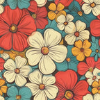 groovy florals, spring flowers, retro pattern, coral red, cream white, teal blue, golden yellow, vintage style,, fabric panel, blooming flowers, floral motif, 70s inspired, cheerful colors, seamless pattern, botanical design, flower power, colorful blooms, crafting fabric, sewing material