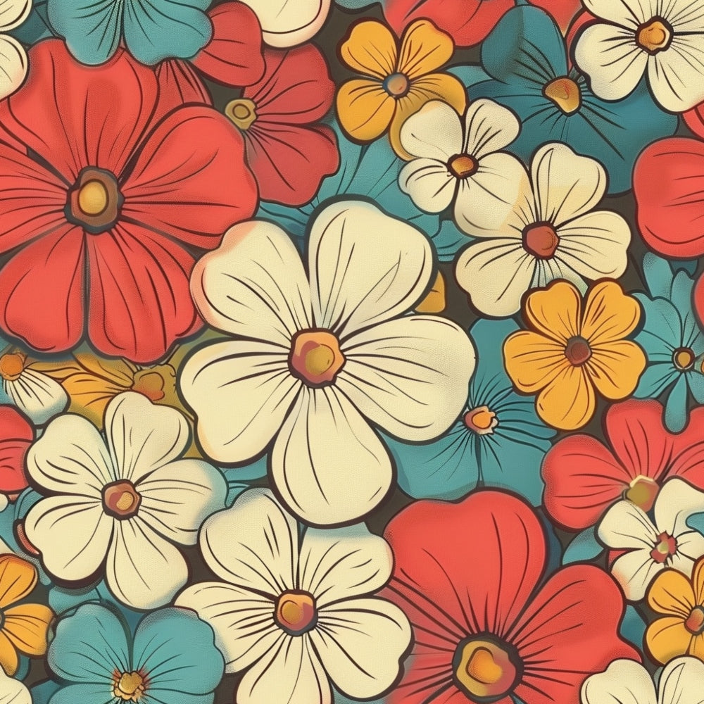 groovy florals, spring flowers, retro pattern, coral red, cream white, teal blue, golden yellow, vintage style,, fabric panel, blooming flowers, floral motif, 70s inspired, cheerful colors, seamless pattern, botanical design, flower power, colorful blooms, crafting fabric, sewing material