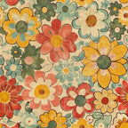 groovy florals, retro flowers, spring blooms, coral pink, mustard yellow, sage green, cream background, vintage style, daisy pattern, flower power, 1970s inspired,, fabric panel, bohemian design, psychedelic florals, overlapping flowers, varied flower sizes, mod aesthetic, peachy orange, olive green