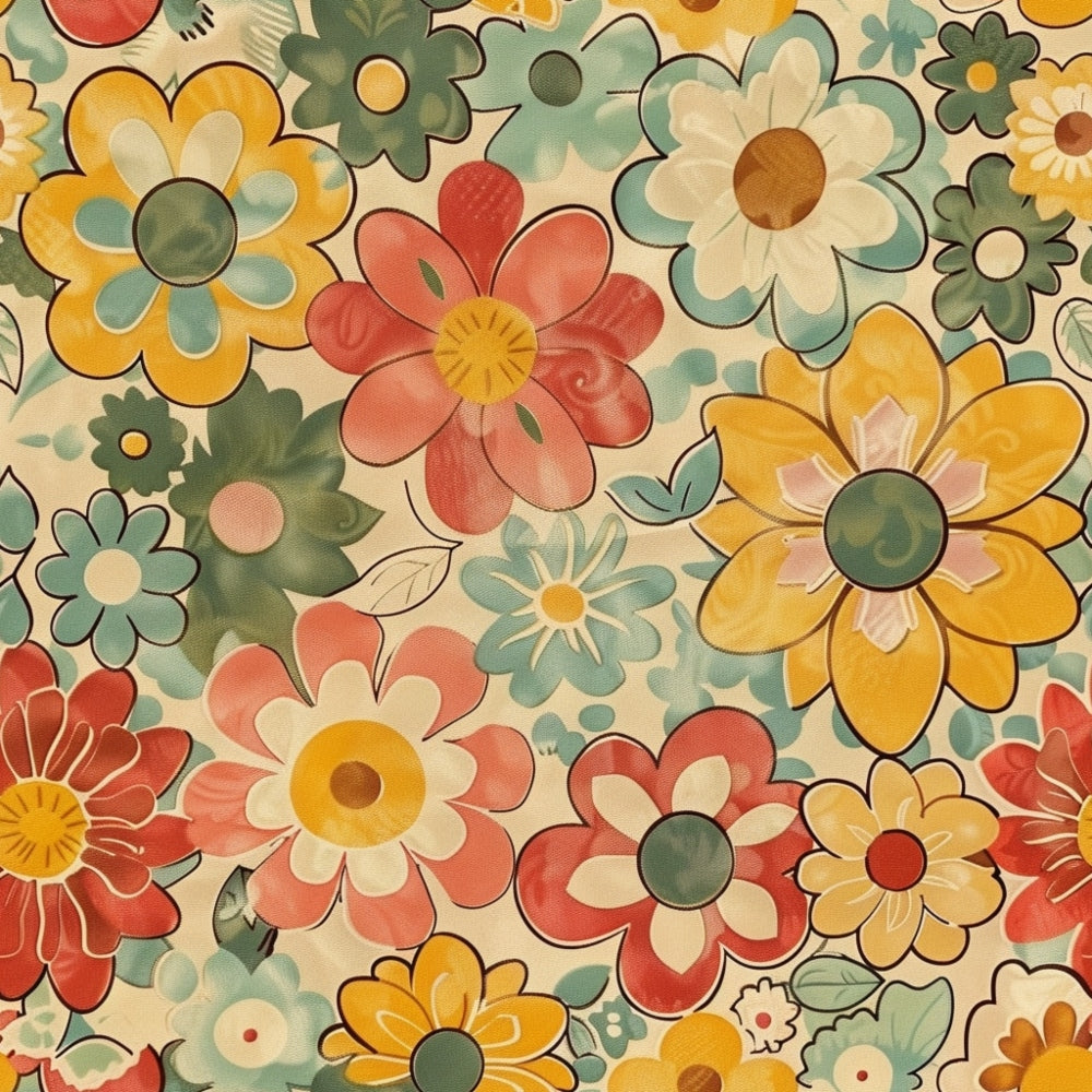 groovy florals, retro flowers, spring blooms, coral pink, mustard yellow, sage green, cream background, vintage style, daisy pattern, flower power, 1970s inspired,, fabric panel, bohemian design, psychedelic florals, overlapping flowers, varied flower sizes, mod aesthetic, peachy orange, olive green