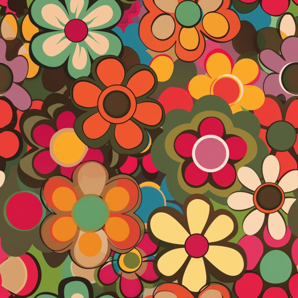 groovy, retro, spring florals, flower pattern, orange, red, yellow, green, pink, brown, cream, psychedelic style, 1960s inspired, mod flowers, daisy motif, colorful blooms,, fabric panel, vibrant colors, overlapping circles, flower power