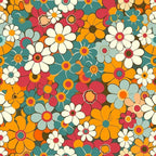 groovy florals, retro flowers, spring blooms, orange petals, teal flowers, coral blossoms, cream daisies, vintage style, 1970s inspired, floral pattern,, fabric panel, psychedelic flowers, mod florals, bright colors, overlapping blooms, densely packed, flower power, bohemian style, cheerful mood