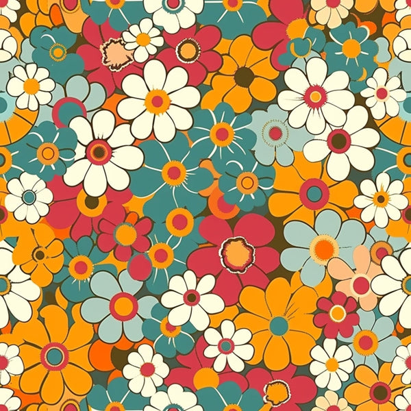 groovy florals, retro flowers, spring blooms, orange petals, teal flowers, coral blossoms, cream daisies, vintage style, 1970s inspired, floral pattern,, fabric panel, psychedelic flowers, mod florals, bright colors, overlapping blooms, densely packed, flower power, bohemian style, cheerful mood