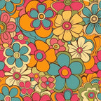 groovy florals, spring flowers, retro pattern, vintage style, teal blue, coral pink, golden yellow, orange, olive green, cream,, fabric panel, psychedelic flowers, 1970s aesthetic, mod floral, daisy motifs, flower power, bohemian design, seamless pattern, bright colors