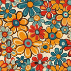 orange, teal, red, cream, retro florals, daisy pattern, groovy flowers, 70s style, vintage blooms,, fabric panel, spring flowers, psychedelic design, mod floral, overlapping petals, cheerful pattern, bright colors, flower power, bohemian style, cotton fabric