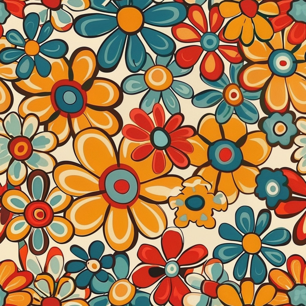 orange, teal, red, cream, retro florals, daisy pattern, groovy flowers, 70s style, vintage blooms,, fabric panel, spring flowers, psychedelic design, mod floral, overlapping petals, cheerful pattern, bright colors, flower power, bohemian style, cotton fabric