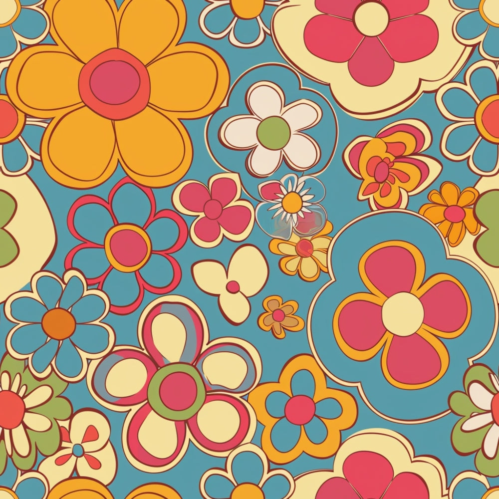 groovy florals, retro flowers, teal blue, coral pink, orange, cream, yellow, olive green, flower power, 1960s style, psychedelic blooms, daisy chain, mod flowers, vintage inspired, spring blossoms,, fabric panel, geometric florals, hippie aesthetic, colorful petals