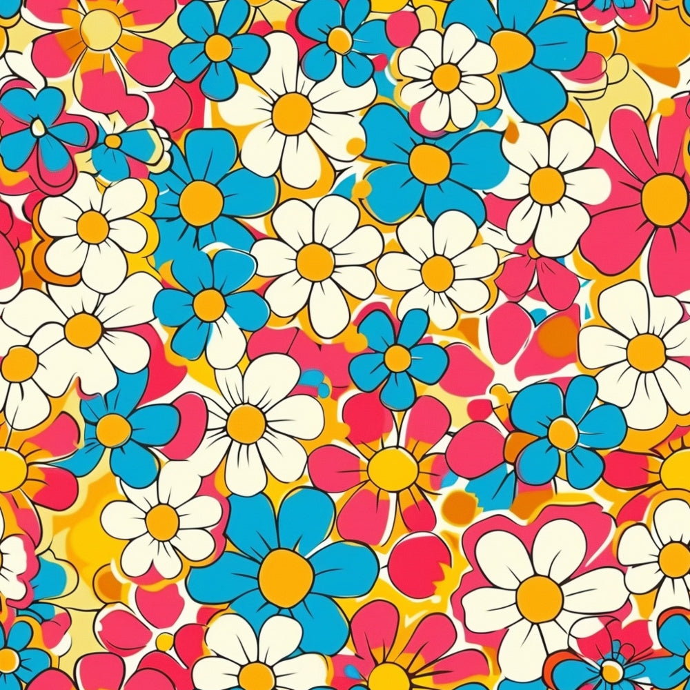 groovy florals, spring flowers, retro pattern, bright pink, turquoise blue, orange yellow, white daisies, vintage style, psychedelic flowers, 1960s inspired, colorful blooms, flower power, mod design,, fabric panel, cheerful mood, vibrant colors, floral motifs, retro aesthetic, groovy vibes