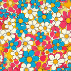 groovy florals, spring flowers, retro pattern, bright pink, turquoise blue, orange yellow, white daisies, vintage style, psychedelic flowers, 1960s inspired, colorful blooms, flower power, mod design,, fabric panel, cheerful mood, vibrant colors, floral motifs, retro aesthetic, groovy vibes