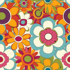 groovy florals, retro flowers, spring blooms, orange petals, turquoise blue, magenta pink, lime green, cream white, purple accents, psychedelic style, 1970s inspired, mod flowers, geometric blooms,, fabric panel, colorful pattern, vintage aesthetic, flower power, bright colors, funky design
