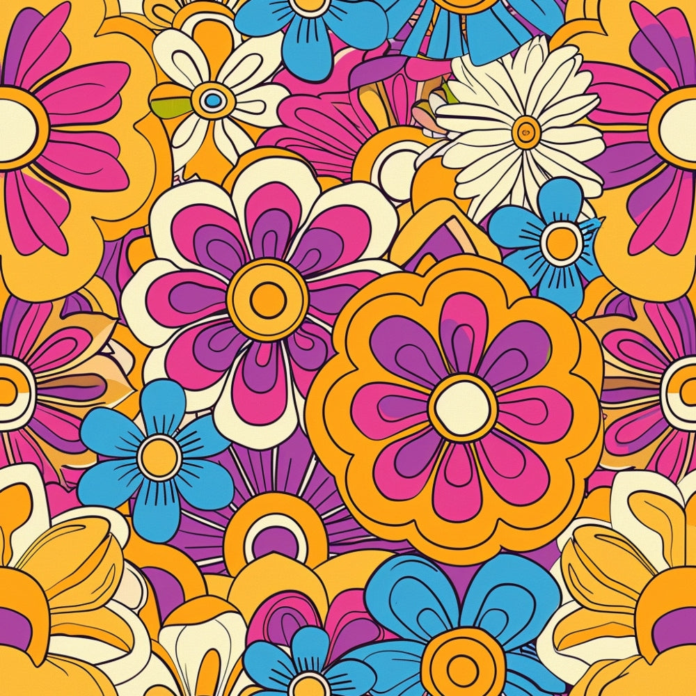 groovy florals, retro flowers, psychedelic blooms, pink petals, orange centers, blue blossoms, cream daisies, purple accents, yellow swirls, 1970s style, mod flowers, hippie pattern, spring motifs,, fabric panel, seamless repeat, flower power, vintage inspired, bohemian design, bright colors
