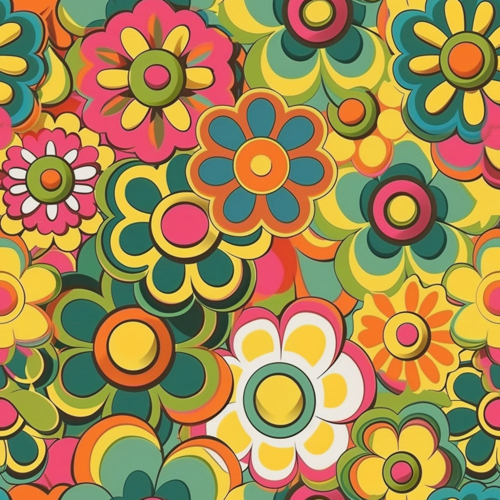groovy florals, retro flowers, psychedelic blooms, vintage pattern, 1960s style, mod flowers, bright colors, pink petals, orange centers, yellow blooms, teal accents, green foliage, white daisies, circular motifs, overlapping design, spring theme,, fabric panel, bohemian style, flower power