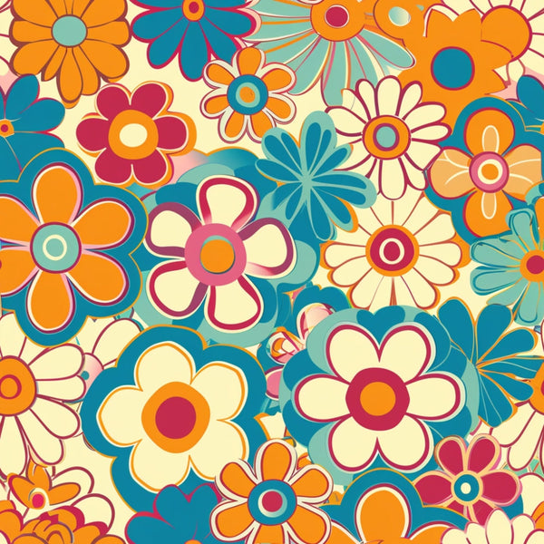 groovy florals, retro flowers, spring pattern, orange, teal, burgundy, cream, daisy motifs, flower power, 1970s style, psychedelic design,, fabric panel, bohemian, vintage inspired, colorful blooms, mod flowers, hippie aesthetic, cheerful, bright colors
