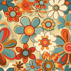 retro florals, groovy flowers, orange petals, teal blue, cream background, burnt orange, rust red, brown accents, psychedelic blooms, 1970s style, vintage pattern, mod flowers,, fabric panel, spring motifs, daisy shapes, circular centers, flowing design, bohemian style, seamless repeat