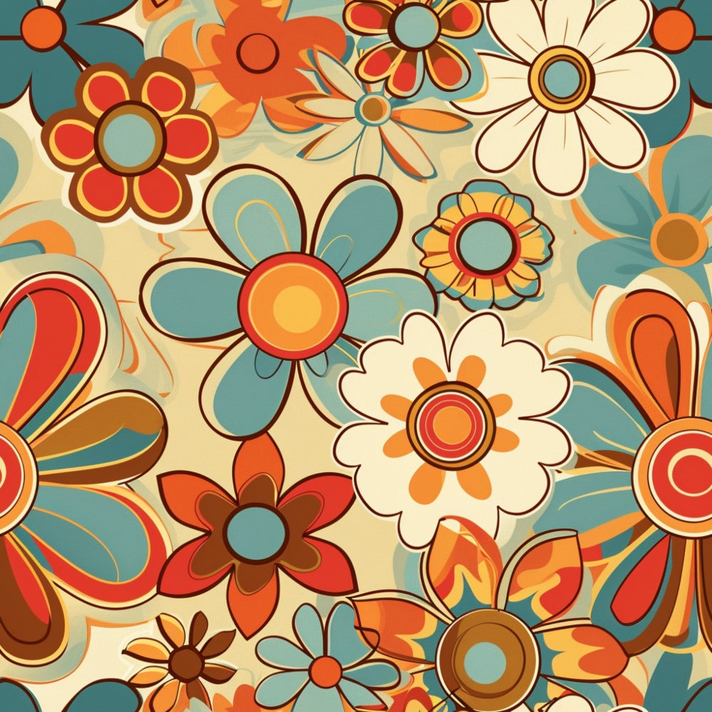 retro florals, groovy flowers, orange petals, teal blue, cream background, burnt orange, rust red, brown accents, psychedelic blooms, 1970s style, vintage pattern, mod flowers,, fabric panel, spring motifs, daisy shapes, circular centers, flowing design, bohemian style, seamless repeat