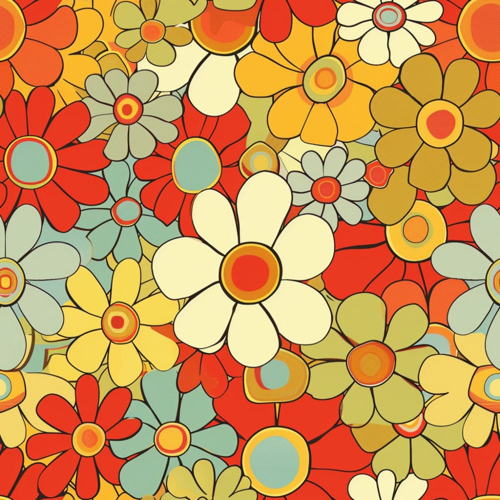 groovy florals, retro flowers, spring pattern,, fabric panel, orange blooms, yellow daisies, red flowers, sage green, cream petals, vintage style, 1970s inspired, overlapping flowers, circular centers, psychedelic florals, warm color palette, seamless pattern, mod flowers, bohemian design, flower power