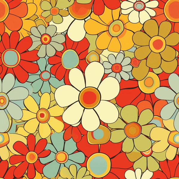 groovy florals, retro flowers, spring pattern,, fabric panel, orange blooms, yellow daisies, red flowers, sage green, cream petals, vintage style, 1970s inspired, overlapping flowers, circular centers, psychedelic florals, warm color palette, seamless pattern, mod flowers, bohemian design, flower power