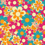 groovy florals, spring flowers, retro pattern, vibrant orange, hot pink, turquoise blue, cream yellow, daisy motifs, flower power, 1970s style, psychedelic design,, fabric panel, floral repeat, mod aesthetic, cheerful blooms, vintage inspired, craft fabric, patchwork material, colorful petals
