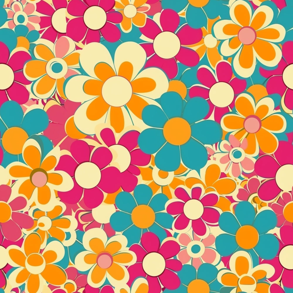 groovy florals, spring flowers, retro pattern, vibrant orange, hot pink, turquoise blue, cream yellow, daisy motifs, flower power, 1970s style, psychedelic design,, fabric panel, floral repeat, mod aesthetic, cheerful blooms, vintage inspired, craft fabric, patchwork material, colorful petals