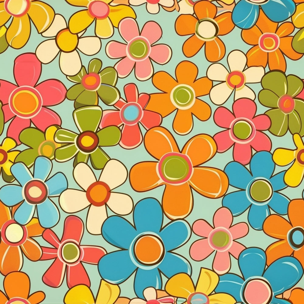 groovy florals, retro flowers, spring blooms,, fabric panel, orange petals, blue flowers, pink blossoms, yellow daisies, green centers, coral blooms, turquoise flowers, cream petals, vintage style, 1970s inspired, mod florals, cheerful pattern, bright colors, overlapping flowers, densely packed design
