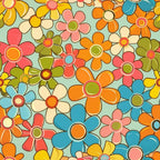groovy florals, retro flowers, spring blooms,, fabric panel, orange petals, blue flowers, pink blossoms, yellow daisies, green centers, coral blooms, turquoise flowers, cream petals, vintage style, 1970s inspired, mod florals, cheerful pattern, bright colors, overlapping flowers, densely packed design