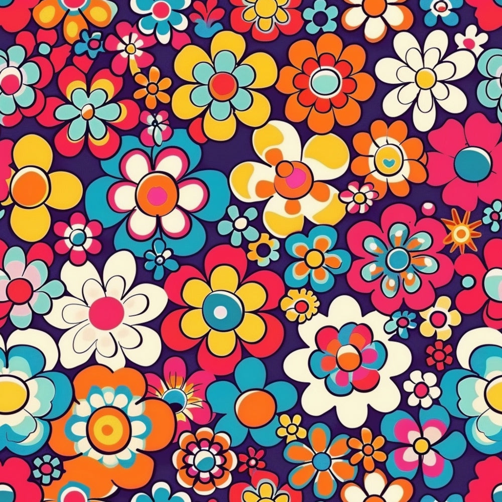 groovy florals, retro flowers, psychedelic pattern, vibrant colors, orange petals, yellow blooms, teal blue, hot pink, coral red, cream white, purple background, mod style, 1960s inspired, spring flowers, daisy motifs, geometric florals,, fabric panel, seventies aesthetic, colorful botanical