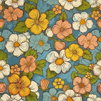 groovy florals, spring flowers, retro pattern, vintage style,, fabric panel, peachy orange, golden yellow, cream white, dusty blue, sage green, floral motifs, botanical design, 1970s inspired, cheerful mood, blooming flowers, nature theme, craft fabric, sewing material, repeating pattern