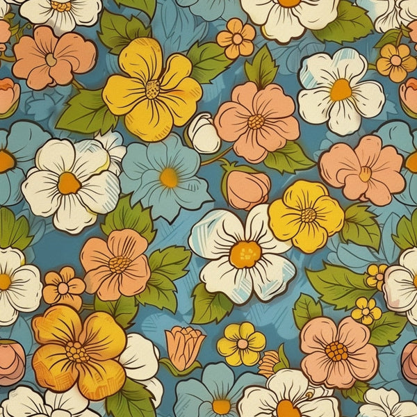 groovy florals, spring flowers, retro pattern, vintage style,, fabric panel, peachy orange, golden yellow, cream white, dusty blue, sage green, floral motifs, botanical design, 1970s inspired, cheerful mood, blooming flowers, nature theme, craft fabric, sewing material, repeating pattern