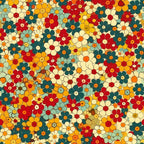 retro florals, groovy flowers, orange blooms, red flowers, teal petals, cream blossoms, yellow flowers, vintage style, 1970s aesthetic, mod florals,, fabric panel, spring pattern, densely packed, circular centers, overlapping blooms, psychedelic floral, bright colors, funky design, cotton fabric