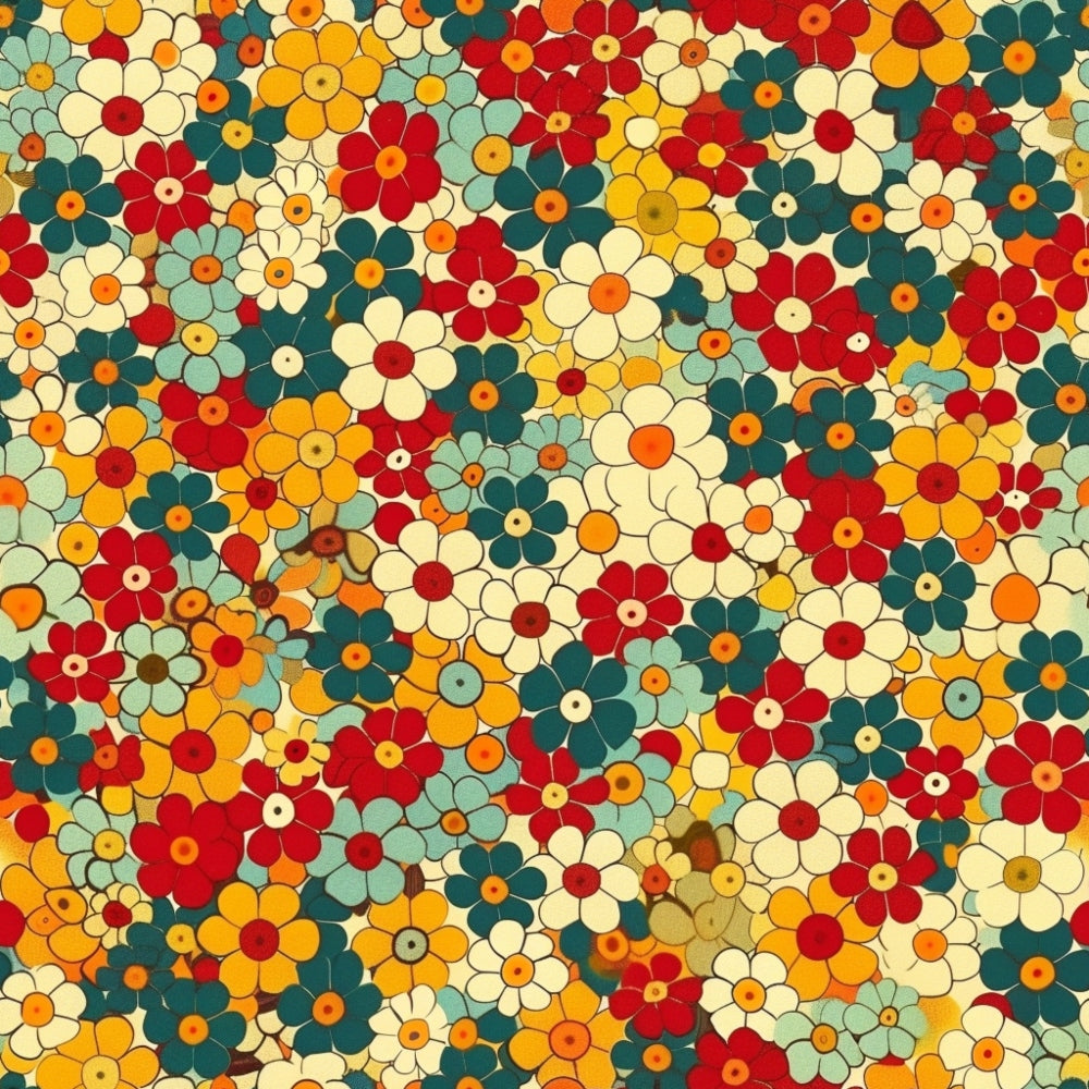 retro florals, groovy flowers, orange blooms, red flowers, teal petals, cream blossoms, yellow flowers, vintage style, 1970s aesthetic, mod florals,, fabric panel, spring pattern, densely packed, circular centers, overlapping blooms, psychedelic floral, bright colors, funky design, cotton fabric