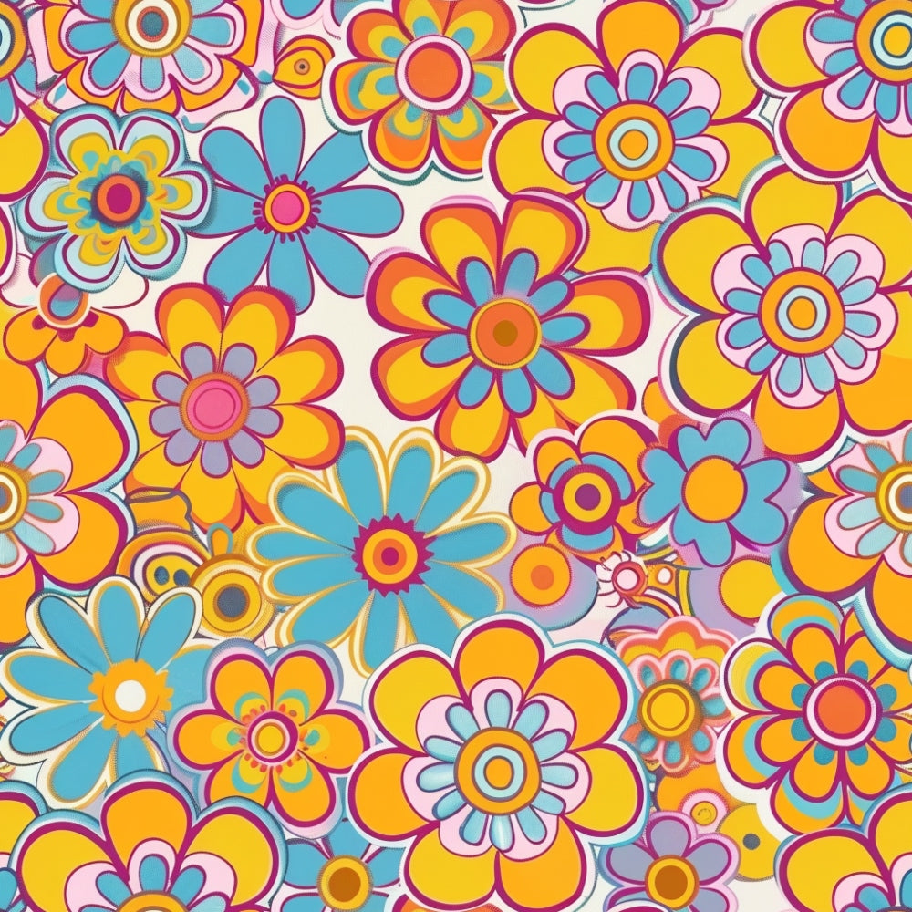 orange, yellow, turquoise, pink, magenta, groovy florals, retro flowers, daisy pattern, psychedelic design, 1960s style, flower power, mod flowers, spring blooms,, fabric panel, hippie aesthetic, vintage inspired, colorful petals, floral motifs, cheerful pattern