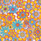 orange, yellow, turquoise, pink, magenta, groovy florals, retro flowers, daisy pattern, psychedelic design, 1960s style, flower power, mod flowers, spring blooms,, fabric panel, hippie aesthetic, vintage inspired, colorful petals, floral motifs, cheerful pattern
