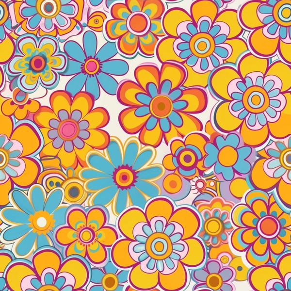 orange, yellow, turquoise, pink, magenta, groovy florals, retro flowers, daisy pattern, psychedelic design, 1960s style, flower power, mod flowers, spring blooms,, fabric panel, hippie aesthetic, vintage inspired, colorful petals, floral motifs, cheerful pattern