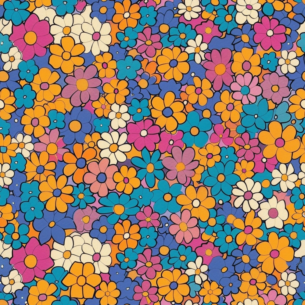 groovy florals, spring flowers, retro pattern, orange flowers, blue flowers, pink flowers, teal blooms, cream petals, purple blossoms, daisy design, flower power, 1970s style, psychedelic florals,, fabric panel, seamless pattern, colorful blooms, mod flowers, vintage inspired, densely packed