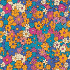 groovy florals, spring flowers, retro pattern, orange flowers, blue flowers, pink flowers, teal blooms, cream petals, purple blossoms, daisy design, flower power, 1970s style, psychedelic florals,, fabric panel, seamless pattern, colorful blooms, mod flowers, vintage inspired, densely packed