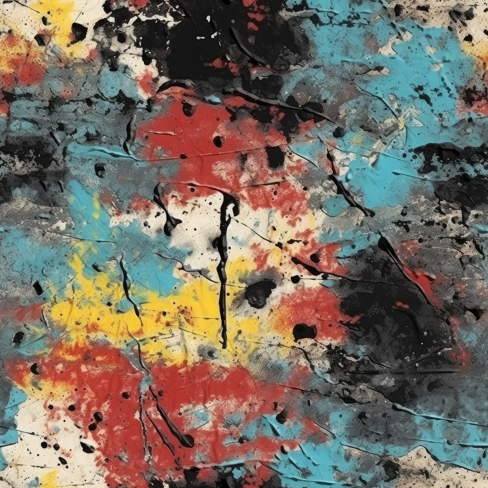 turquoise, red, yellow, black, white, gray, grunge texture, abstract pattern, paint splatters, cracked surface, weathered appearance, distressed design, cotton fabric, quilting panel, artistic style, urban aesthetic, textured background, peeling paint, industrial look, contemporary art